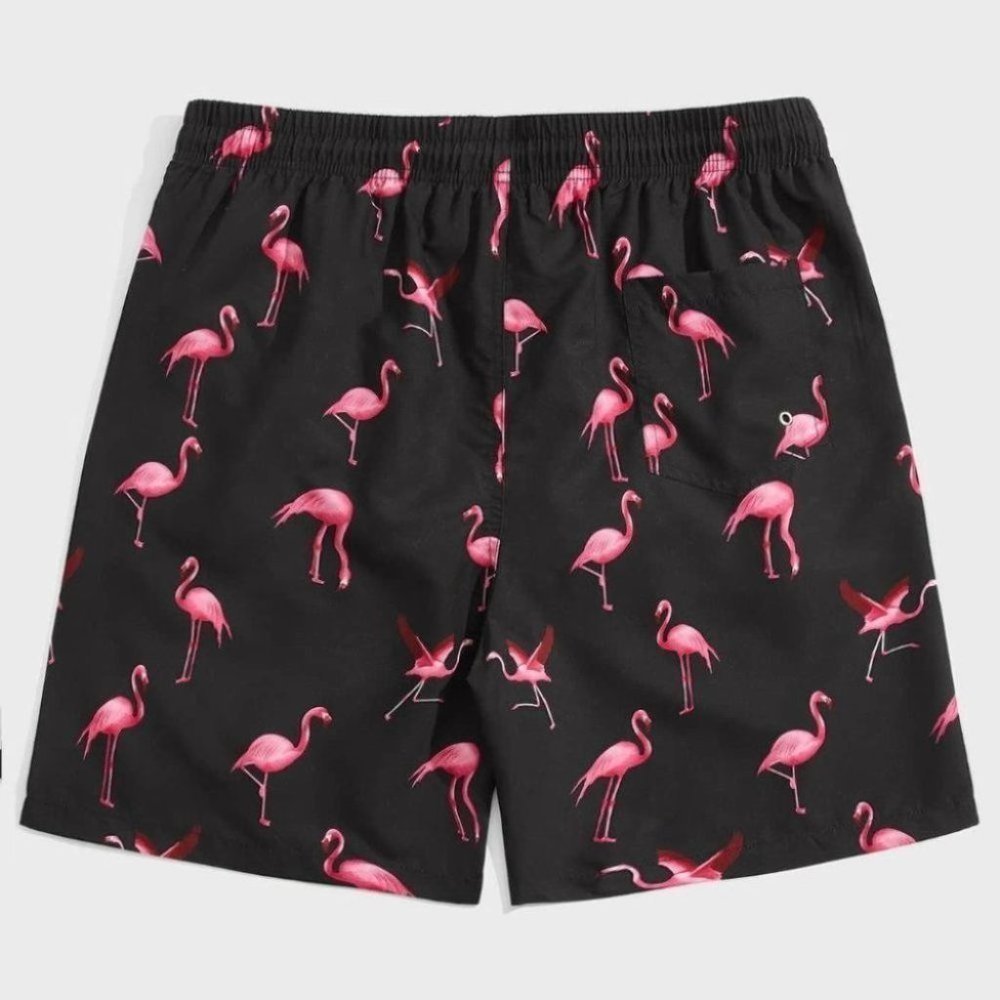 Black Vacation Style Men's Flamingo Print Swim Trunks - Picture 2 of 6